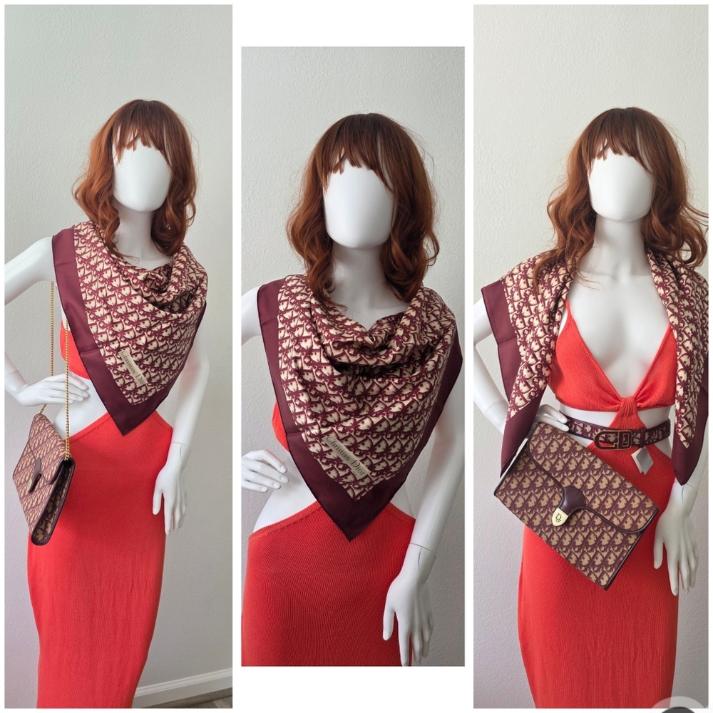 Auth Dior Oblique Trotter Bordeaux Silk Scarf - Picture 3 of 11